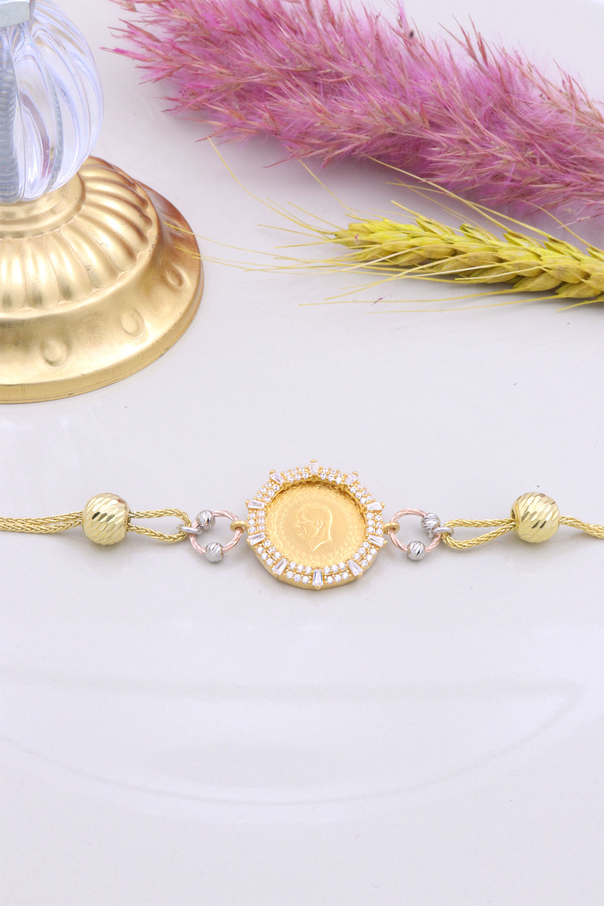 22 Ayar Çeyrek Altınlı 925 Ayar Gümüş Bileklik 22 Ayar Çeyrek Altınlı 925 Ayar Gümüş Bileklik