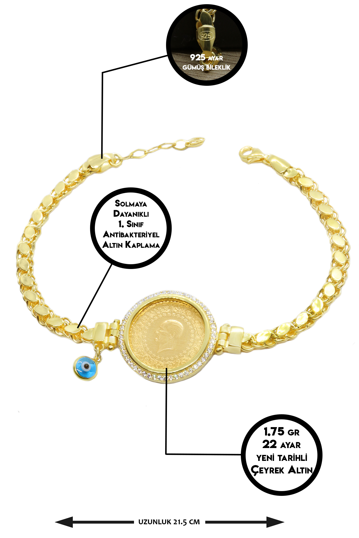 22 Ayar Çeyrek Altınlı 925 Ayar Gümüş Bileklik 22 Ayar Çeyrek Altınlı 925 Ayar Gümüş Bileklik