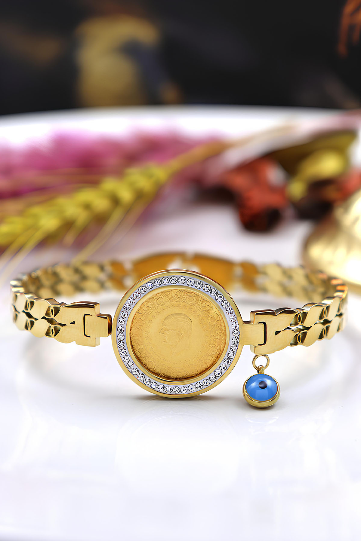 22 Ayar Çeyrek Altınlı Çelik Kelepçe Bileklik 22 Ayar Çeyrek Altınlı Çelik Kelepçe Bileklik