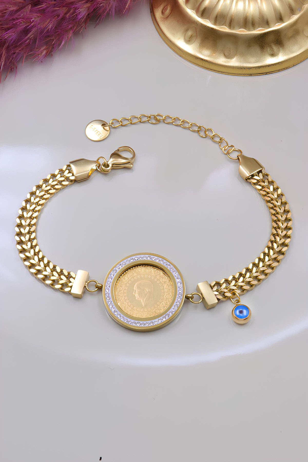 22 Ayar Çeyrek Altınlı Çelik Zincirli Bileklik 22 Ayar Çeyrek Altınlı Çelik Zincirli Bileklik