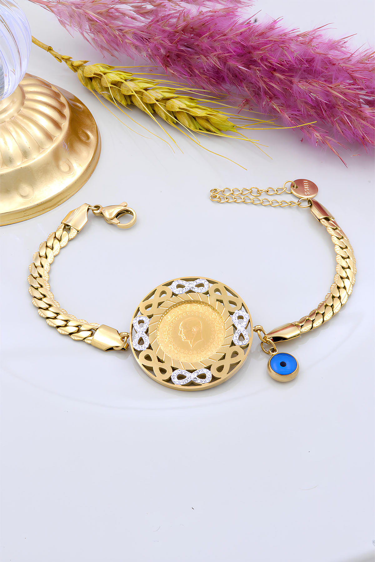 22 Ayar Çeyrek Altınlı Çelik Zincirli Sonsuzluk Motifli Bileklik