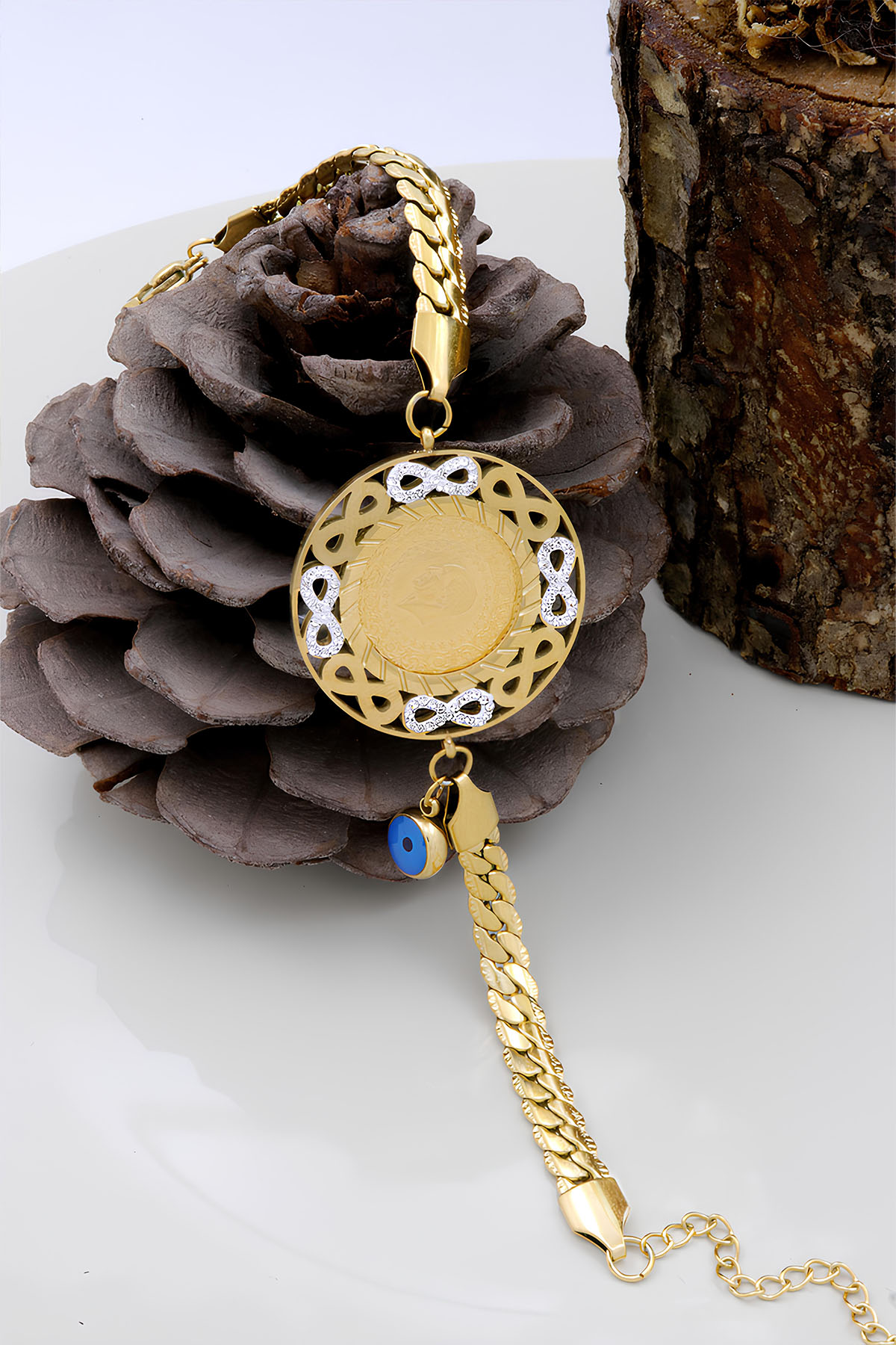 22 Ayar Çeyrek Altınlı Çelik Zincirli Sonsuzluk Motifli Bileklik 22 Ayar Çeyrek Altınlı Çelik Zincirli Sonsuzluk Motifli Bileklik