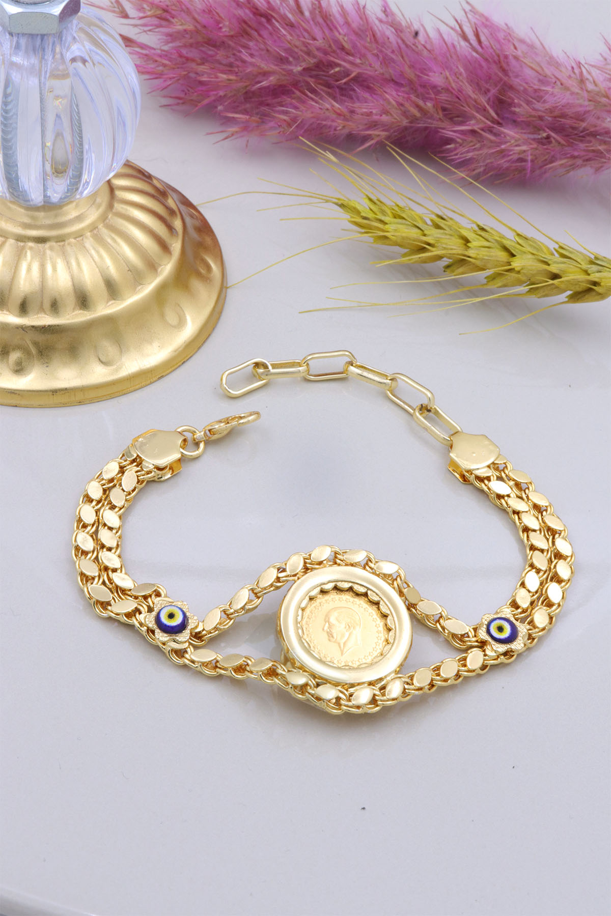 22 Ayar Çeyrek Altınlı Nazar Boncuklu Bileklik 22 Ayar Çeyrek Altınlı Nazar Boncuklu Bileklik