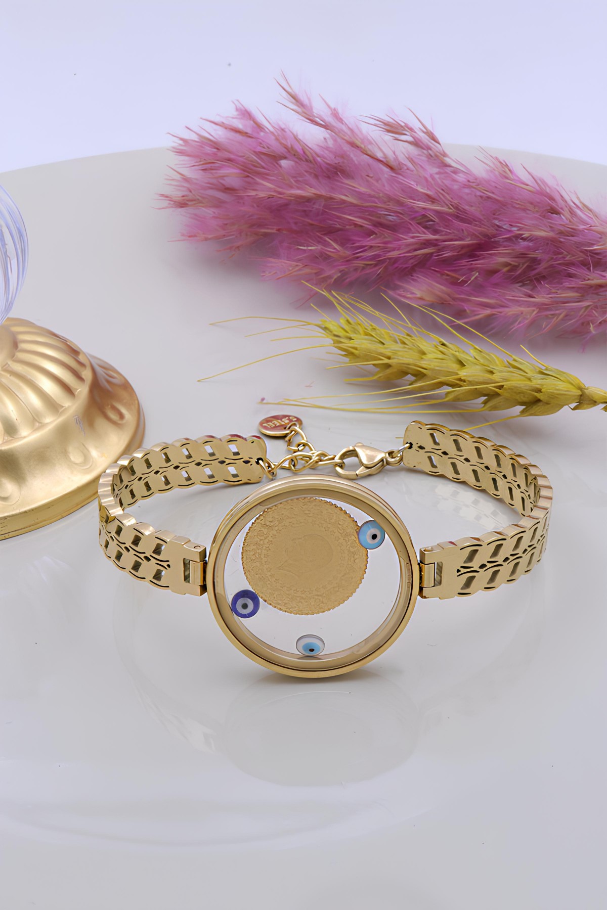 22 Ayar Çeyrek Altınlı Şeffaf Çerçeveli Çelik Bileklik 22 Ayar Çeyrek Altınlı Şeffaf Çerçeveli Çelik Bileklik