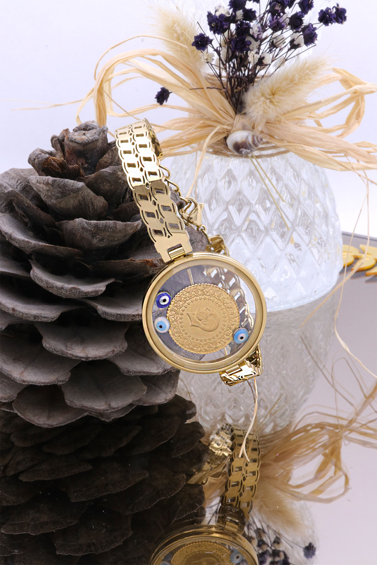 22 Ayar Çeyrek Altınlı Şeffaf Çerçeveli Çelik Bileklik 22 Ayar Çeyrek Altınlı Şeffaf Çerçeveli Çelik Bileklik