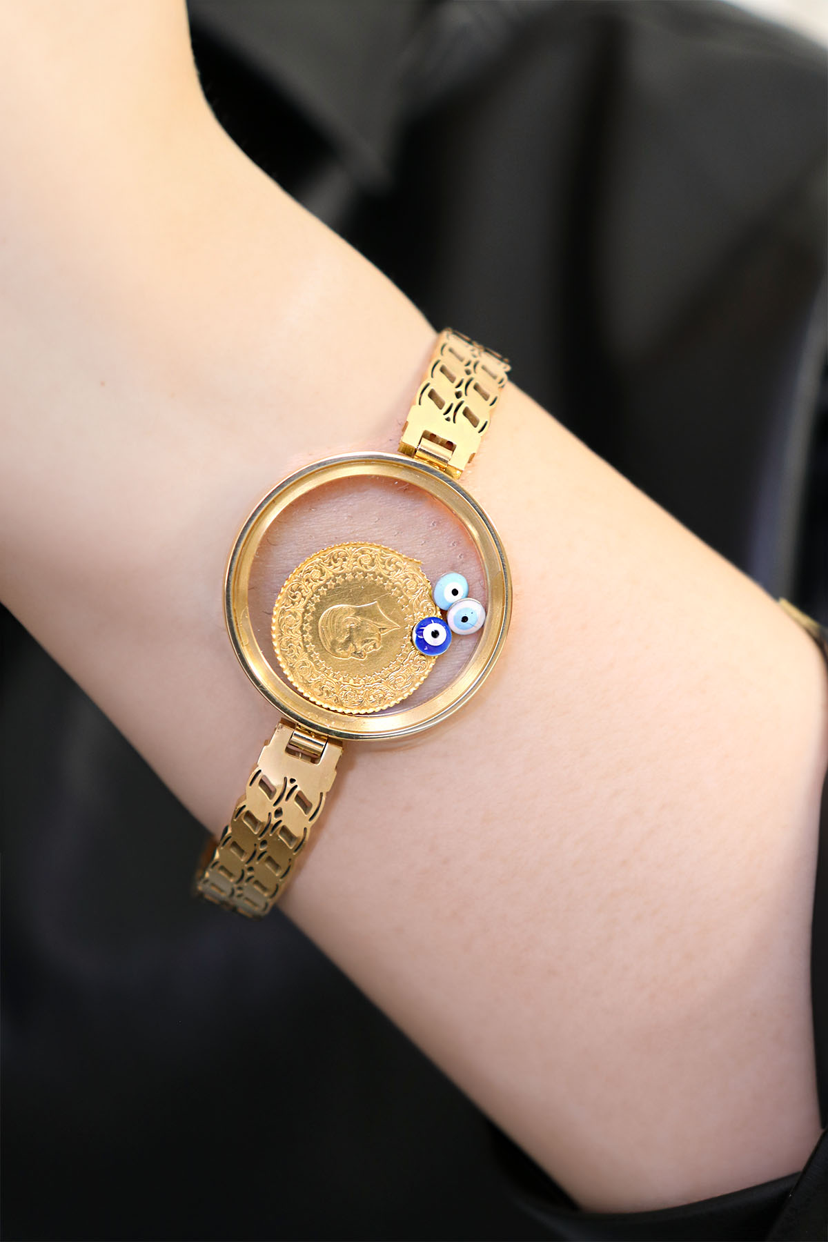 22 Ayar Çeyrek Altınlı Şeffaf Çerçeveli Çelik Bileklik 22 Ayar Çeyrek Altınlı Şeffaf Çerçeveli Çelik Bileklik