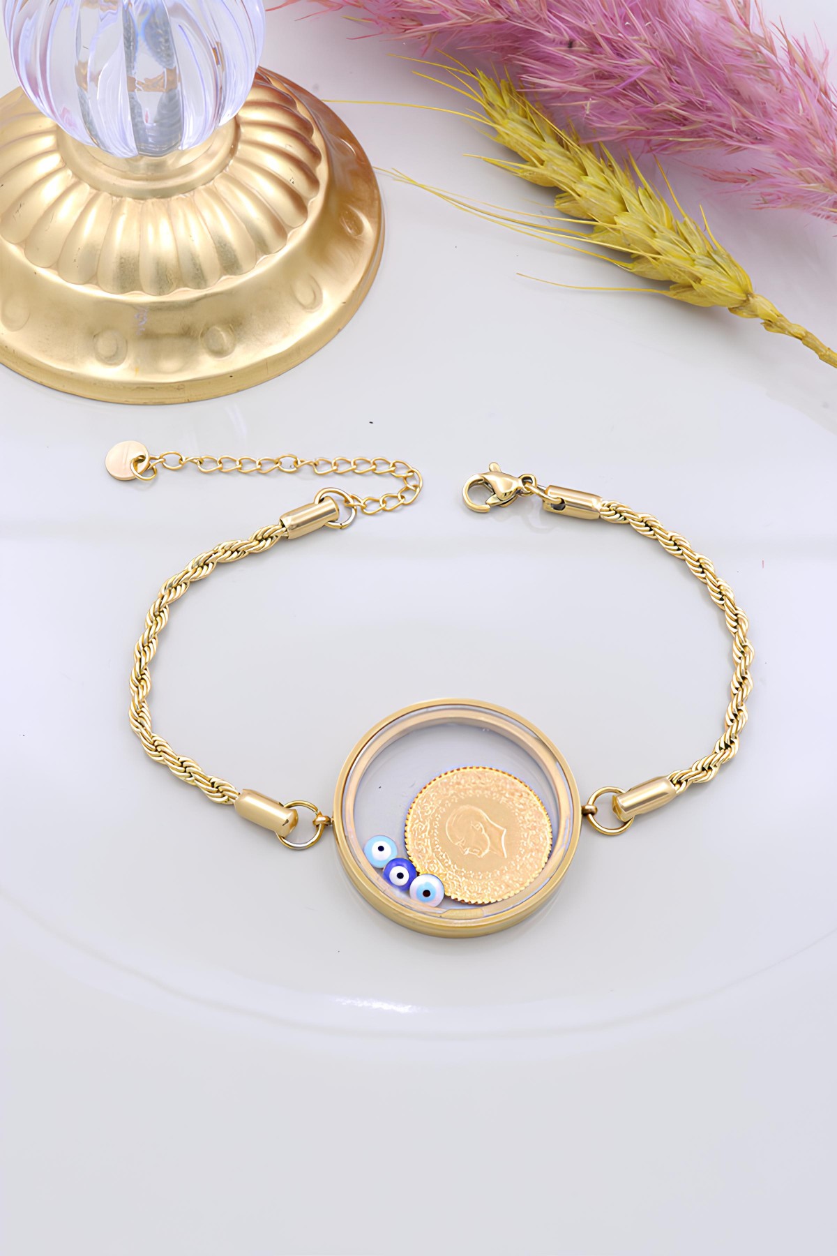 22 Ayar Çeyrek Altınlı Şeffaf Çerçeveli Çelik Bileklik 22 Ayar Çeyrek Altınlı Şeffaf Çerçeveli Çelik Bileklik