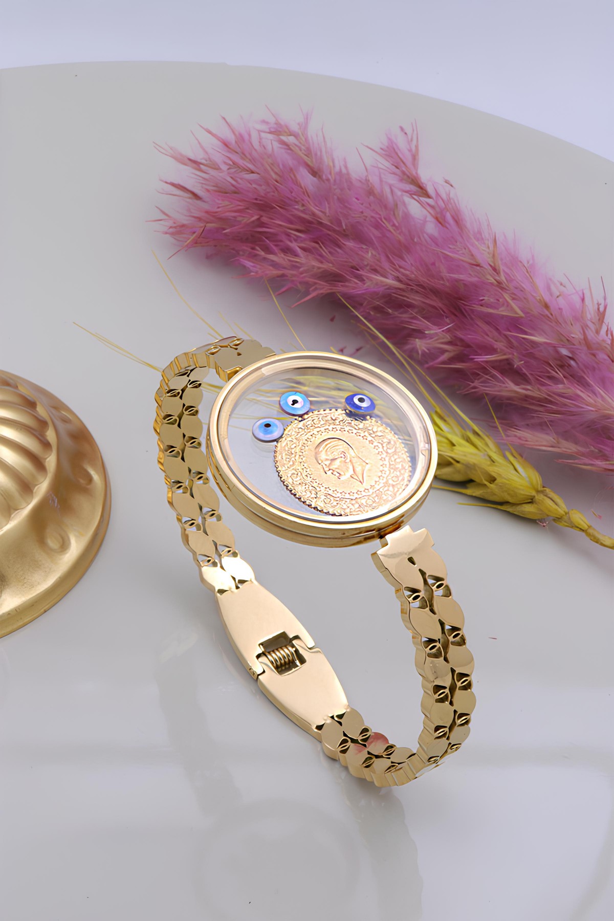 22 Ayar Çeyrek Altınlı Şeffaf Çerçeveli Çelik Kelepçe Bileklik 22 Ayar Çeyrek Altınlı Şeffaf Çerçeveli Çelik Kelepçe Bileklik