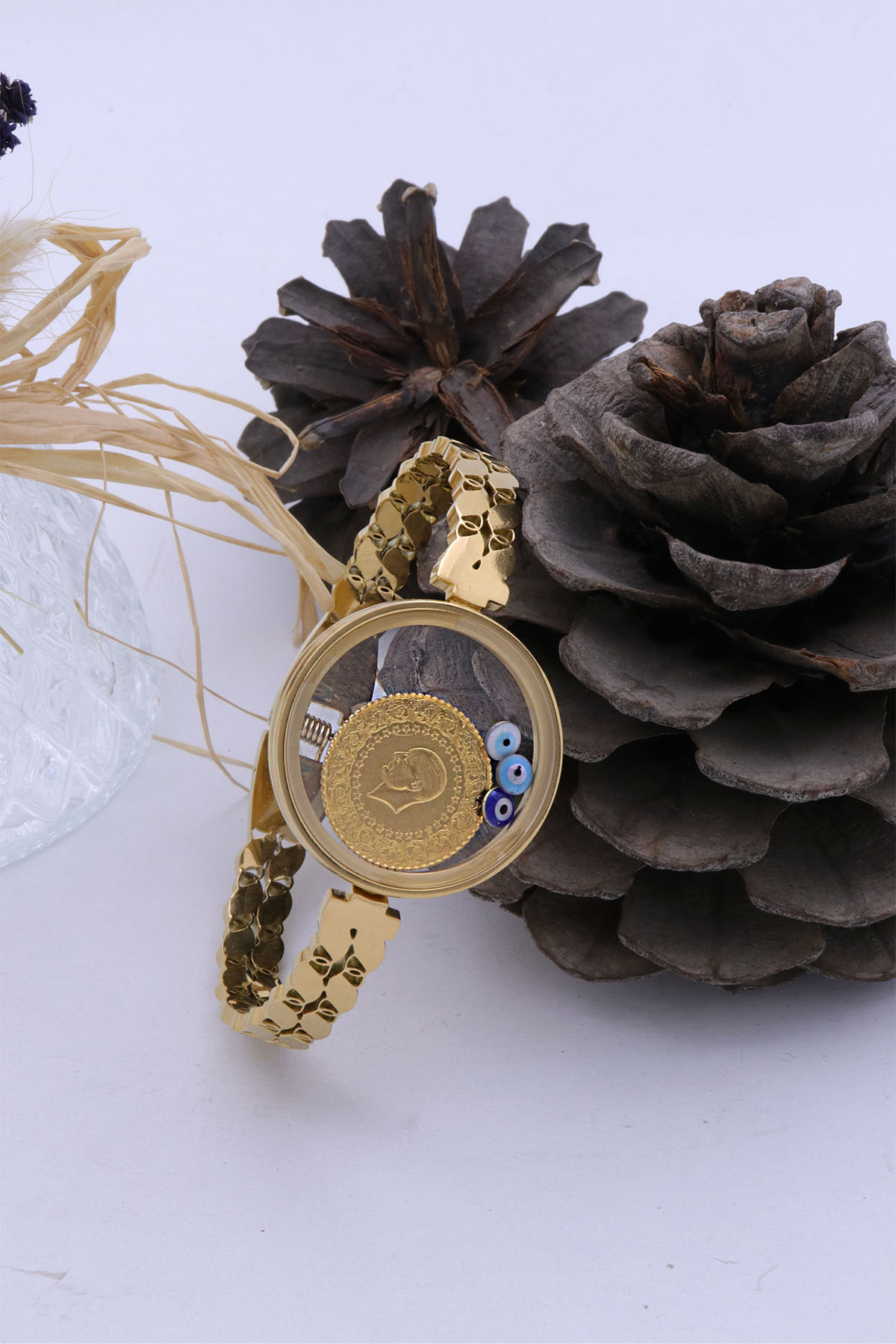 22 Ayar Çeyrek Altınlı Şeffaf Çerçeveli Çelik Kelepçe Bileklik 22 Ayar Çeyrek Altınlı Şeffaf Çerçeveli Çelik Kelepçe Bileklik